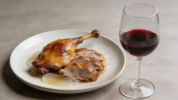 Un plat de canard rôti tranché, nappé de sauce, avec un verre de vin rouge. La question est : quel vin avec le canard ?