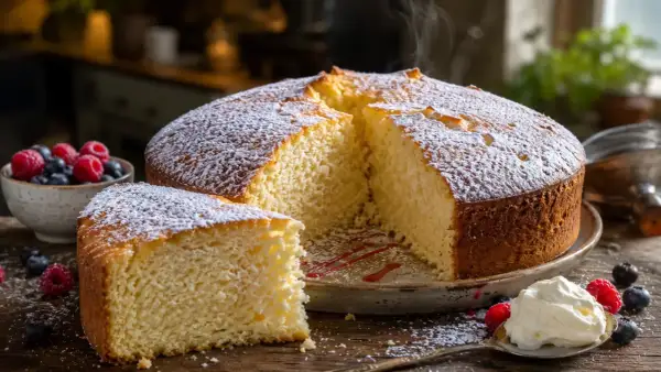 Un gâteau crème mascarpone facile, saupoudré de sucre glace, servi avec des fruits rouges et une cuillère de crème fouettée.