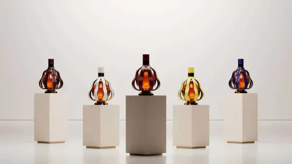 Cinq bouteilles de vin aux formes originales, aux couleurs vives, présentées sur des socles. Une nouvelle tendance vin qui allie art et dégustation.