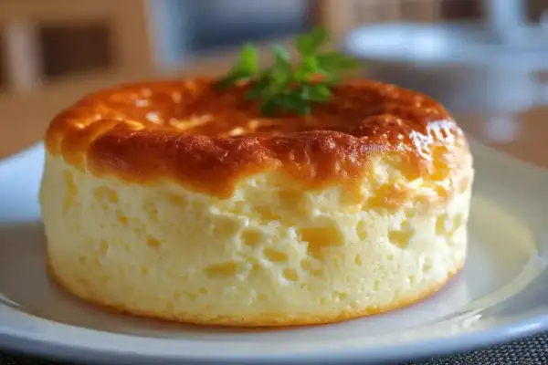 Un moelleux gâteau japonais, doré et aérien, garni d'une touche de verdure.