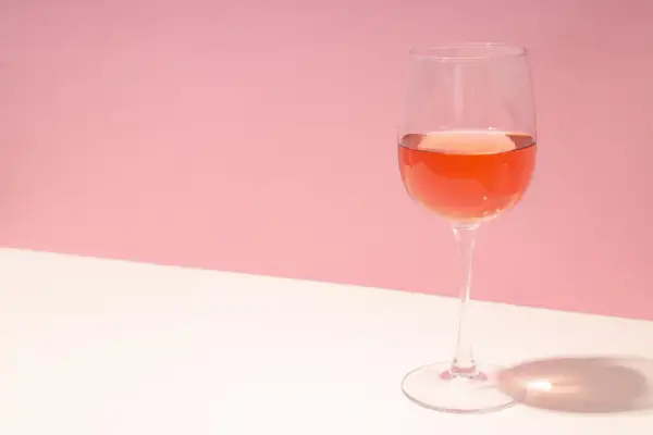 Verre de rosé très clair sur fond rose et blanc, avec une ombre projetée.