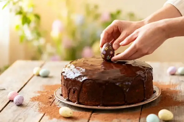 Un délicieux dessert de Pâques facile : un gâteau au chocolat glacé, décoré d'un œuf en chocolat fleuri.