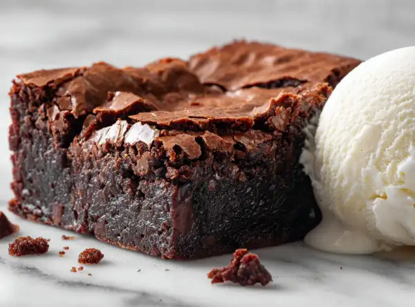 Un brownie au chocolat fondant, parfait pour une recette facile, servi avec une boule de glace à la vanille.