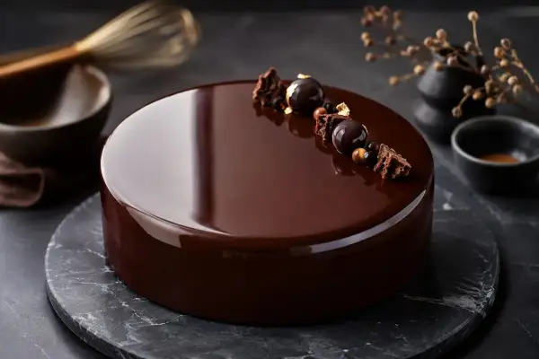 Gâteau au chocolat avec un glaçage miroir parfait, décoré de sphères chocolatées et de morceaux croustillants.
