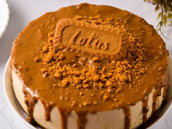 Gâteau spéculoos sans cuisson, nappé d'une sauce caramel et décoré d'un biscuit Lotus et de miettes de spéculoos.