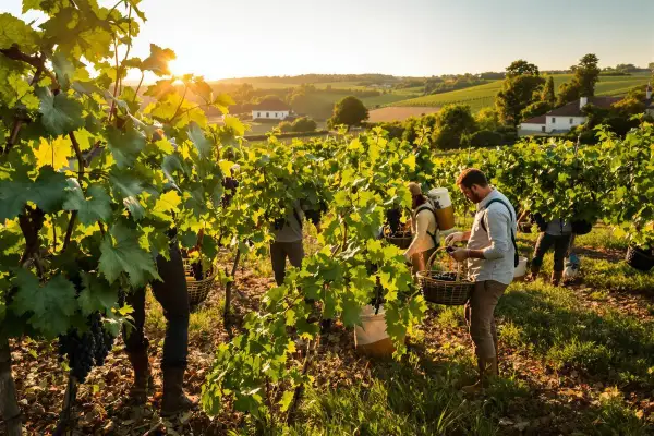 Travailleurs récoltant des grappes de raisin dans un vignoble ensoleillé. Les vendanges en Bourgogne battent leur plein, promesse d'un grand cru.