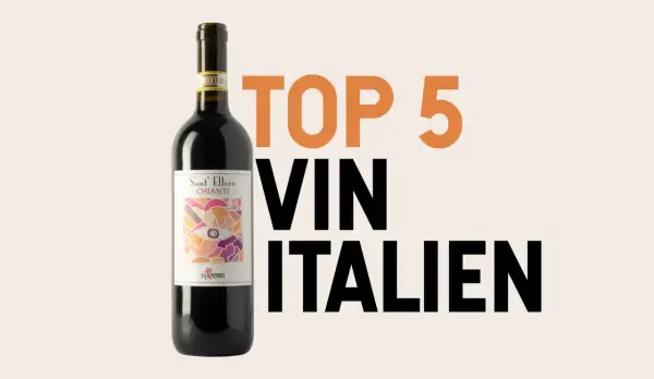 Bouteille de vin rouge italien avec l'étiquette "Sant'Ellero Chianti". Texte "TOP 5 VIN ITALIEN" suggérant une signification IGT.