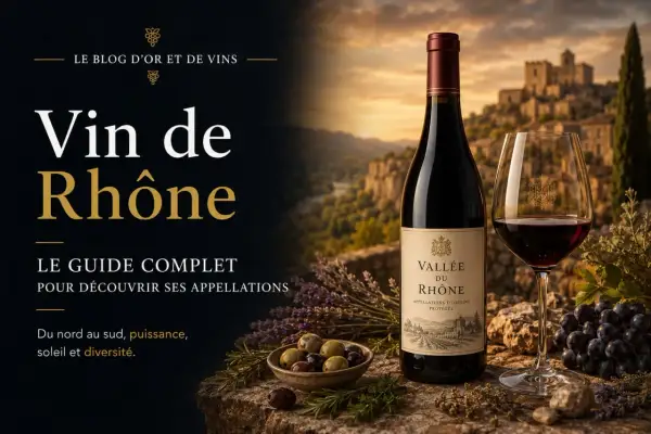 Bouteille et verre de vin rouge, avec une étiquette "Vallée du Rhône", sur fond de paysage de village provençal. Un guide complet pour découvrir les appellations Côtes du Rhône.
