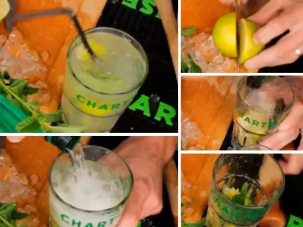 Préparation d'un cocktail rafraîchissant à la Chartreuse, avec de la menthe et du citron vert.