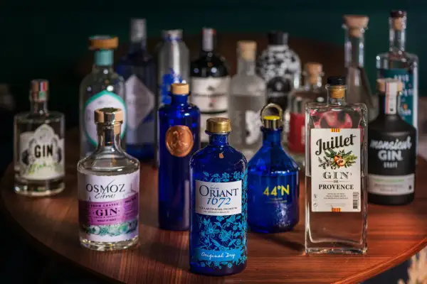 Collection de bouteilles de gin, mettant en avant divers gin ingrédients et leurs étiquettes.