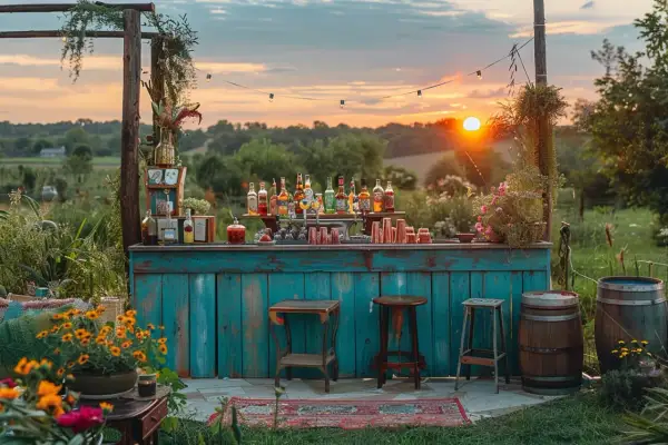 Bar de mariage rustique avec vue sur le coucher de soleil, bouteilles d'alcool et verres prêts pour les invités.