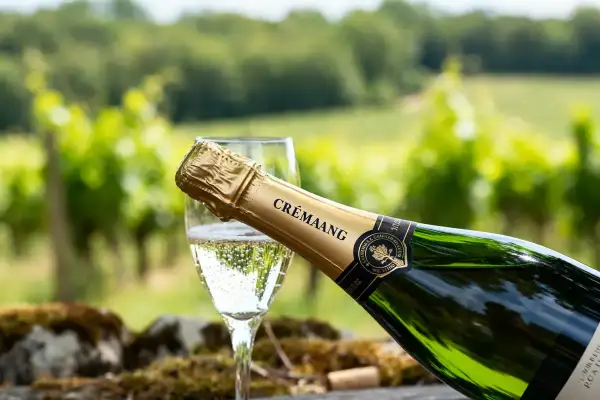 Une bouteille de Crémant d'Alsace versée dans un verre, avec des vignes en arrière-plan. Le meilleur crémant pour célébrer l'été.