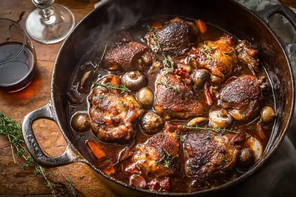 Un plat mijoté de coq au vin, avec des morceaux de poulet brunis, des champignons et des carottes dans une sauce riche. Le vin rouge parfait pour un coq au vin est ici !
