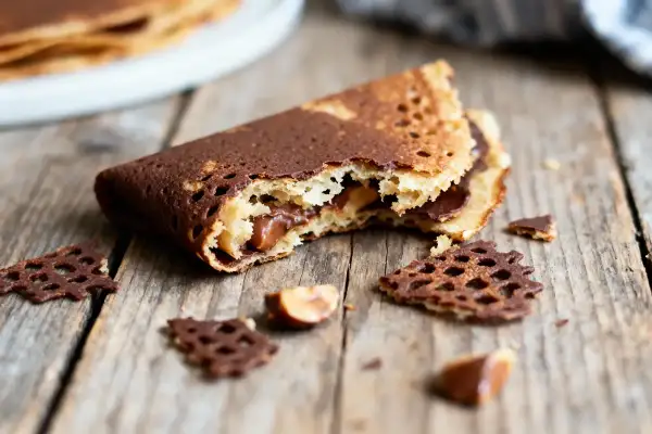 Un délicieux gâteau crêpe dentelle au chocolat, garni de noisettes, sur fond de bois rustique.