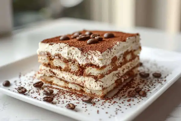 Un délicieux tiramisu boudoir, parsemé de cacao et de grains de café, sur une assiette blanche.
