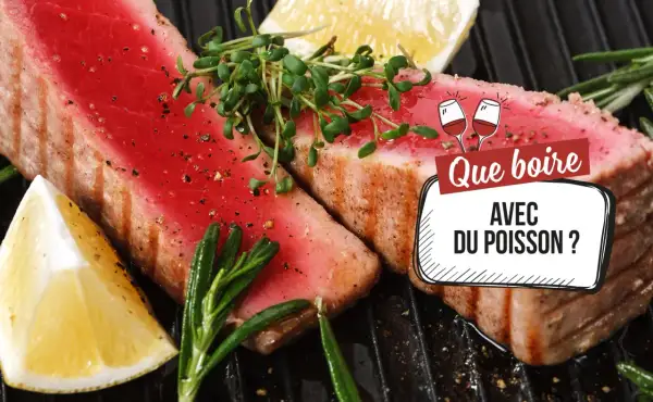 Deux beaux steaks de thon grillés, ornés de pousses fraîches et de quartiers de citron, posés sur un grill. Une question se pose : quel vin rouge pour accompagner ce poisson ?
