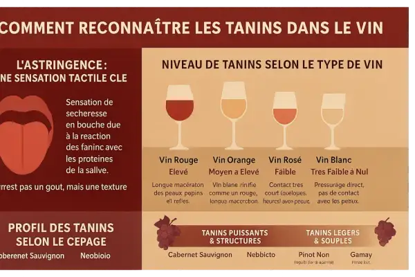 Infographie expliquant comment reconnaître les tanins dans le vin, leur niveau selon le type de vin et leur profil selon le cépage. Le tanin est une sensation tactile clé.