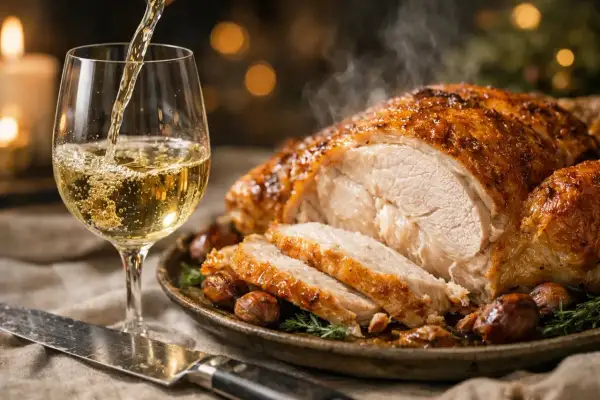 Un verre de vin blanc est versé près d'un chapon farci rôti, fumant et garni de marrons. Un repas festif.
