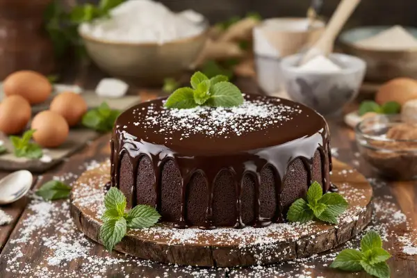 Un délicieux gâteau au chocolat, nappé de glaçage brillant et décoré de menthe fraîche. Des ingrédients de pâtisserie sont disposés autour.