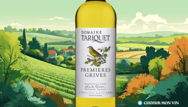 Bouteille de vin blanc "Domaine Tariquet Premières Grives" sur fond de paysage champêtre. Un vin qui pourrait bien être le meilleur vin du monde.