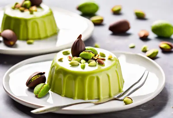 Délicieux dessert vert vif, une ganache pistache onctueuse, garnie de pistaches croquantes et d'une touche de chocolat.