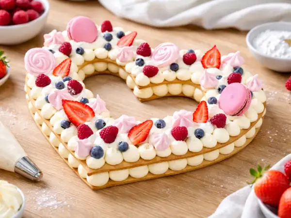 Un magnifique number cake en forme de cœur, décoré de fruits rouges, macarons roses et meringues. Un vrai délice pour les yeux et les papilles !