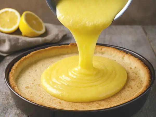 Une ganache citron onctueuse est versée dans une tartelette dorée. Des citrons frais sont visibles en arrière-plan.