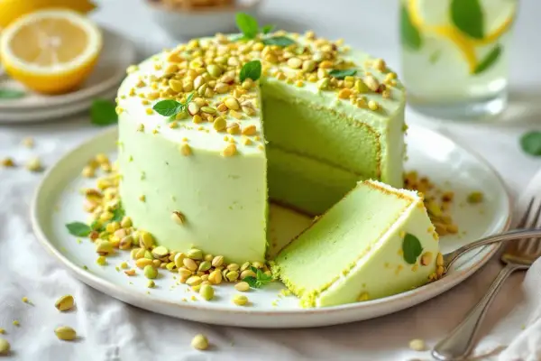 Un délicieux number cake pistache, recouvert de crème verte et de pistaches concassées, avec une part coupée.