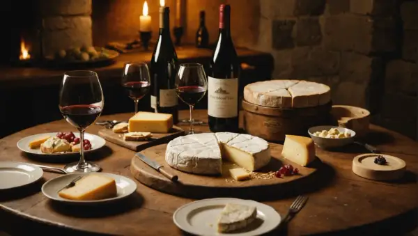 Un festin de fromages variés, dont un Mont d'Or crémeux, accompagné de vin rouge et de raisins, dans une ambiance chaleureuse.