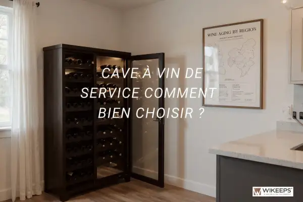 Une cave à vin moderne remplie de bouteilles, idéale pour le vin de garde. Une carte des régions de vieillissement du vin est accrochée au mur.