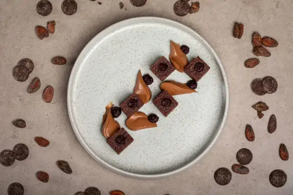 Carrés de brownie au chocolat, garnis de cerises, avec une crème onctueuse. Un délicieux dessert vegan, entouré de fèves de cacao et de pastilles de chocolat noir.