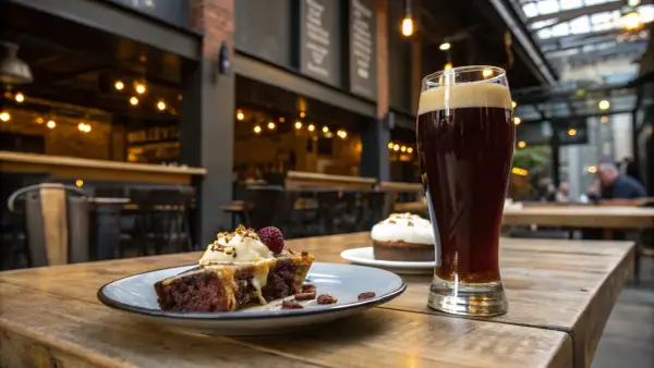 Un délicieux gâteau au chocolat avec une framboise et une bière ambrée, parfait pour un digestif alcool.