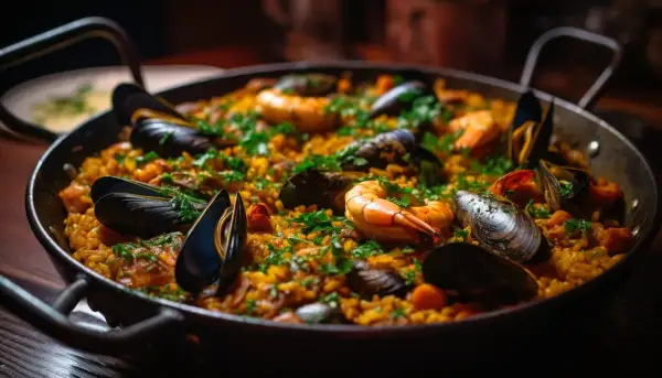 Paella aux fruits de mer, un plat savoureux. Quel vin avec une paella ? Un blanc sec ou un rosé léger serait parfait.