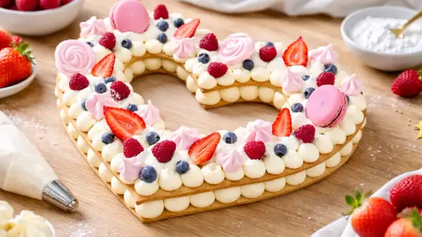 Un magnifique number cake en forme de cœur, garni de crème, framboises, fraises, myrtilles et macarons roses.