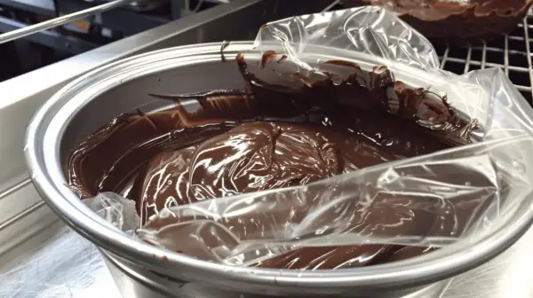 Ganache montée au chocolat dans un bol, prête pour la conservation au frigo.