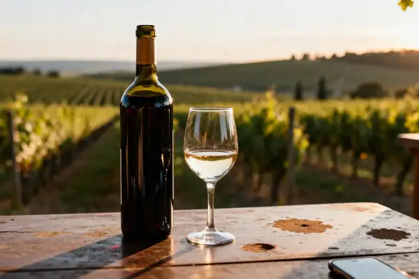 Bouteille de vin rouge et verre de vin blanc sur une table en bois, avec des vignes au coucher du soleil. Un parfait vin de terroir.