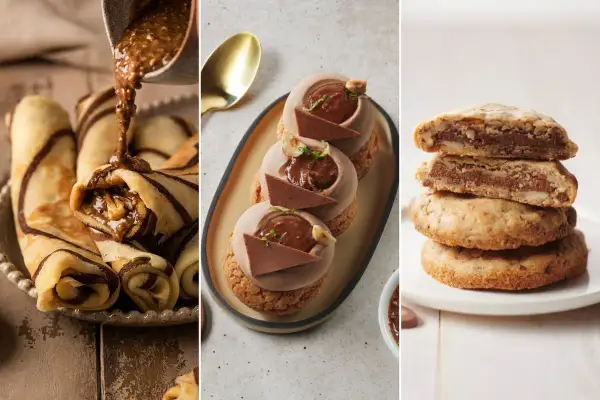 Crêpes roulées garnies de praliné maison, éclairs au chocolat et cookies aux noix. Un délice gourmand !