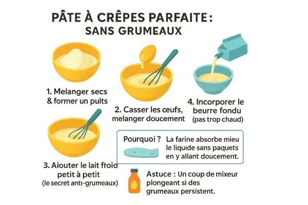 Préparation d'une pâte à crêpes parfaite sans grumeaux. Étapes : mélanger les ingrédients secs, ajouter les œufs, puis le lait froid petit à petit. Le secret anti-grumeaux !