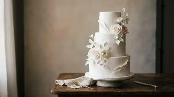 Un magnifique gâteau à trois étages, orné de roses en sucre et de feuillage délicat. Un cake design élégant pour un événement spécial.