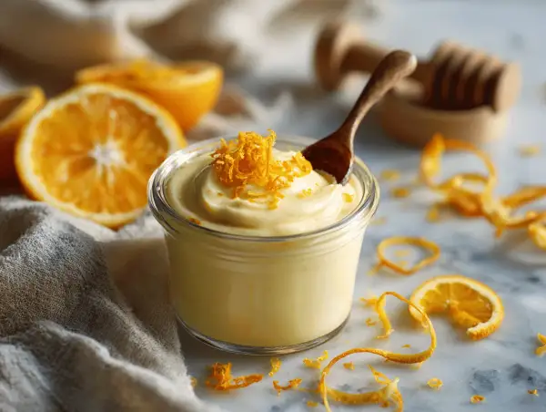 Un pot de **orange curd** crémeux, garni de zestes d'orange, avec des oranges coupées en arrière-plan.
