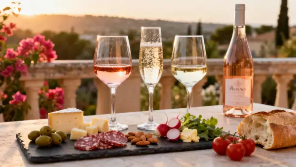 Verre de rosé, champagne et vin blanc, accompagnés d'une planche de charcuterie, fromage, olives, radis, amandes et pain. Un parfait apéritif du sud-ouest.