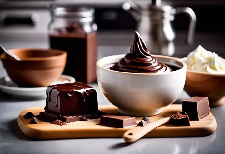 Un carré de chocolat noir glacé, une cuillère de ganache chocolat noir onctueuse et des éclats de chocolat. Une recette gourmande.