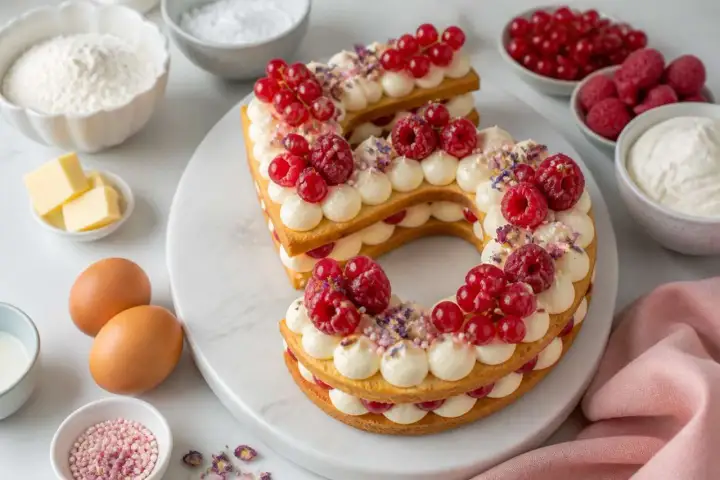 Un magnifique number cake aux fruits rouges, parfait pour une recette d'anniversaire. Crème onctueuse, biscuits dorés et baies éclatantes.
